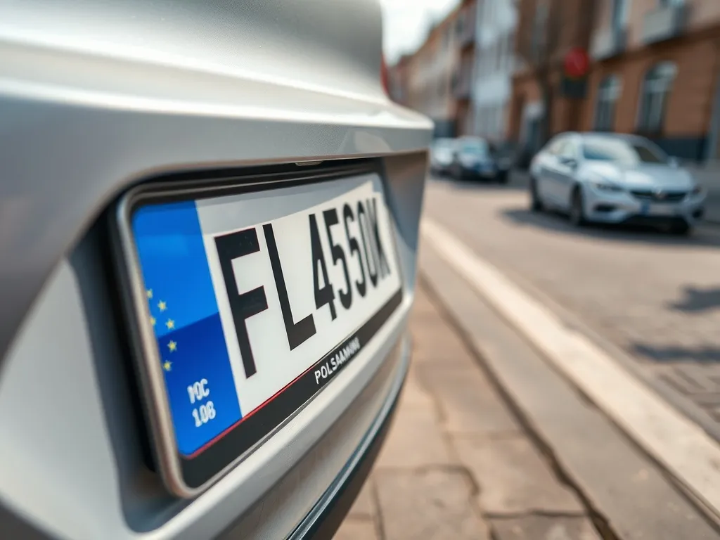 Zbliżenie na nowoczesną polską tablicę rejestracyjną z niebieskim paskiem UE na zderzaku auta w miejskiej scenerii.