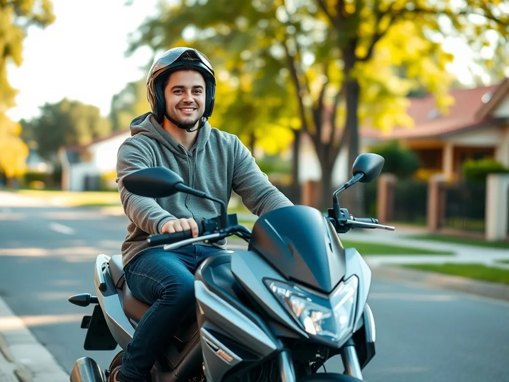 Uśmiechnięty początkujący motocyklista na małym motocyklu na spokojnej, słonecznej ulicy, gotowy do pierwszych jazd