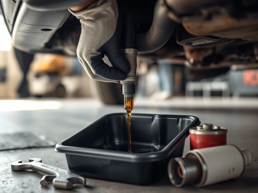Ręce w rękawicach odkręcają korek spustowy oleju pod autem, olej spływa do miski, obok klucz i filtr oleju