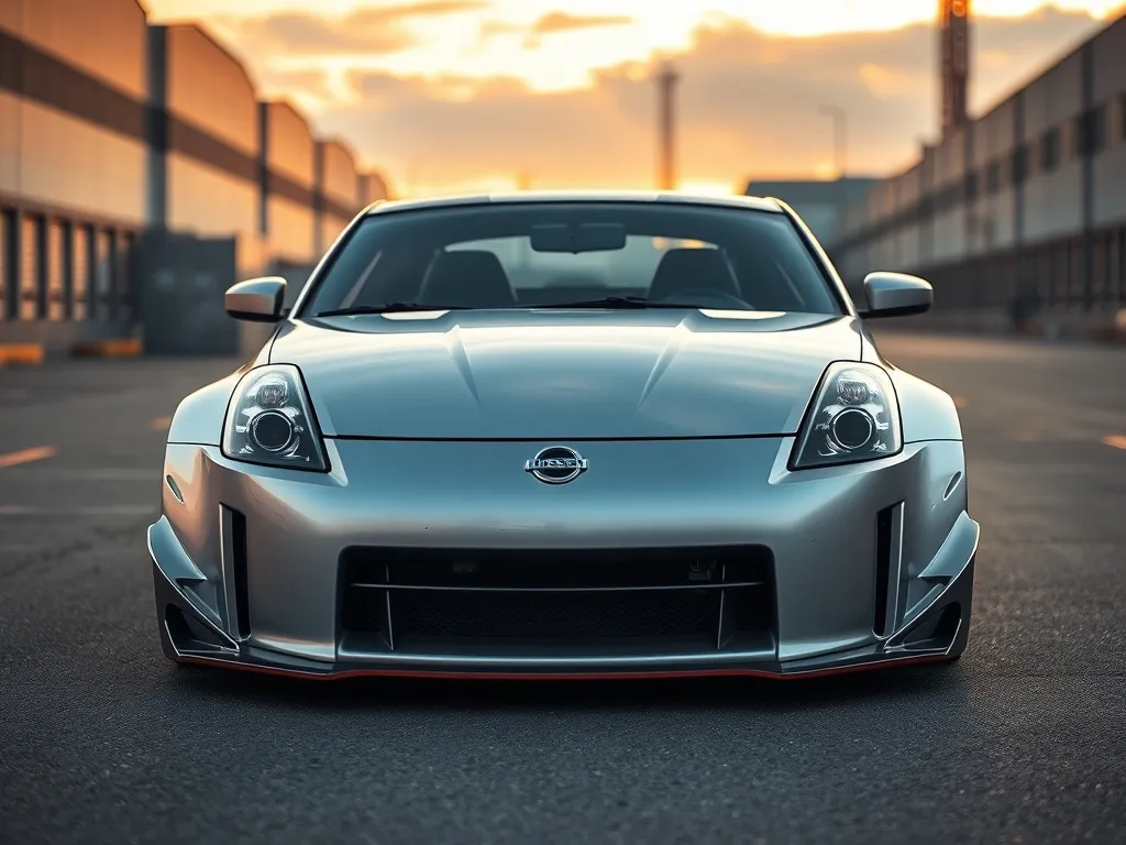 Srebrny Nissan 350Z z obniżonym zawieszeniem i sportowym body kitem, podkreślający tuning nadwozia o zachodzie słońca.