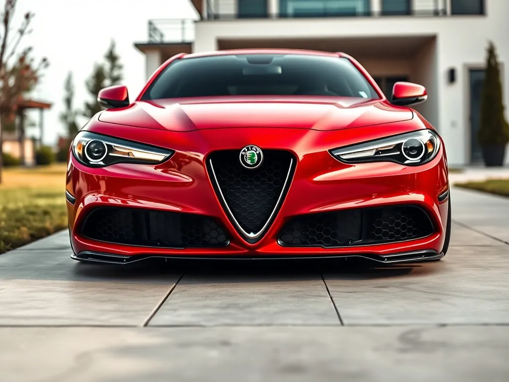 Czerwona Alfa Romeo Giulia z pakietem nadwozia, obniżonym zawieszeniem i sportowym zderzakiem na nowoczesnym podjeździe