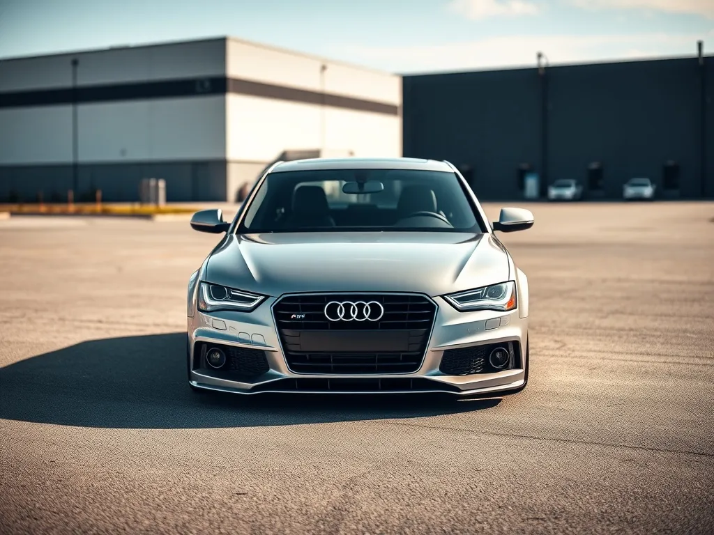 Srebrne Audi B7 A4 z subtelnym body kitem, obniżonym zawieszeniem i podkreślonym przednim zderzakiem na tle nowoczesnej zabudowy.