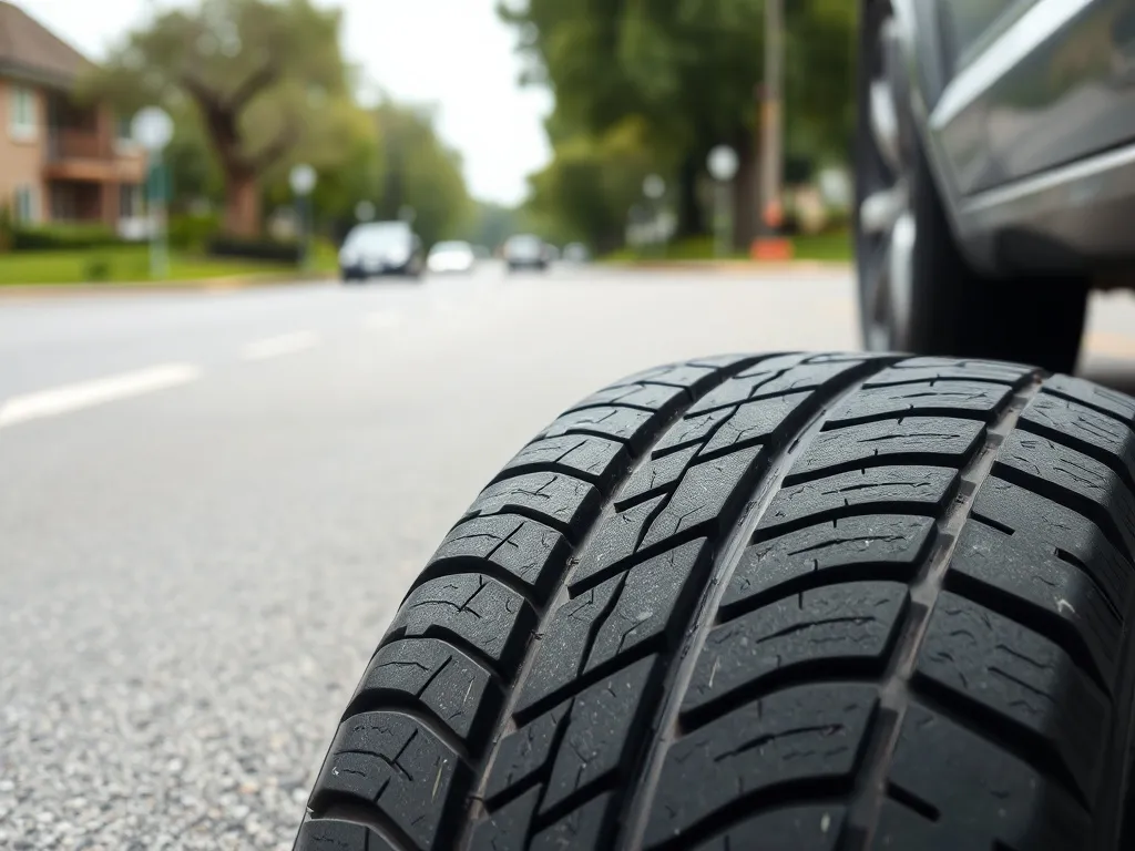 Zbliżenie bieżnika lekko zużytej opony całorocznej na asfalcie, symbolizujące jej trwałość w codziennej jeździe miejskiej.