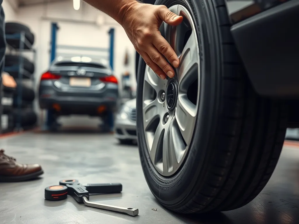 Mechanik sprawdza przebitą oponę w warsztacie, ilustrując naprawę i czynniki wpływające na koszt łatania.