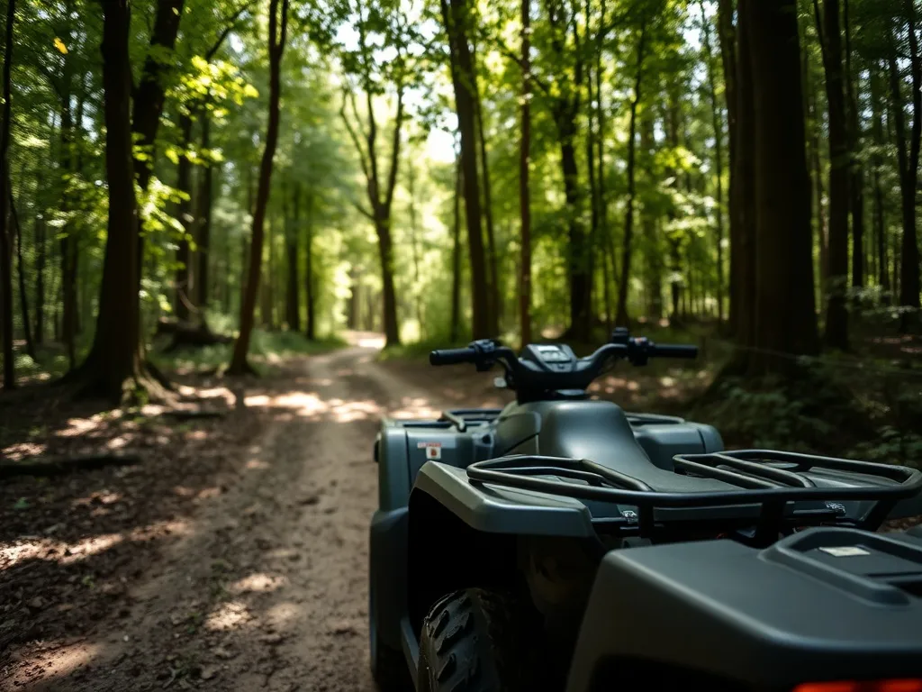 Quad zaparkowany na leśnej ścieżce w spokojnym, słonecznym lesie, ilustrujący temat poruszania się quadem po lesie