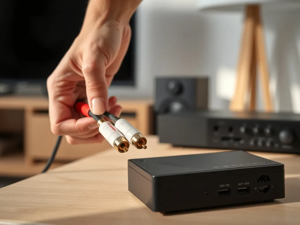 Dłoń podłączająca kabel RCA do prostego konwertera na biurku, w tle telewizor i sprzęt audio w nowoczesnym wnętrzu.