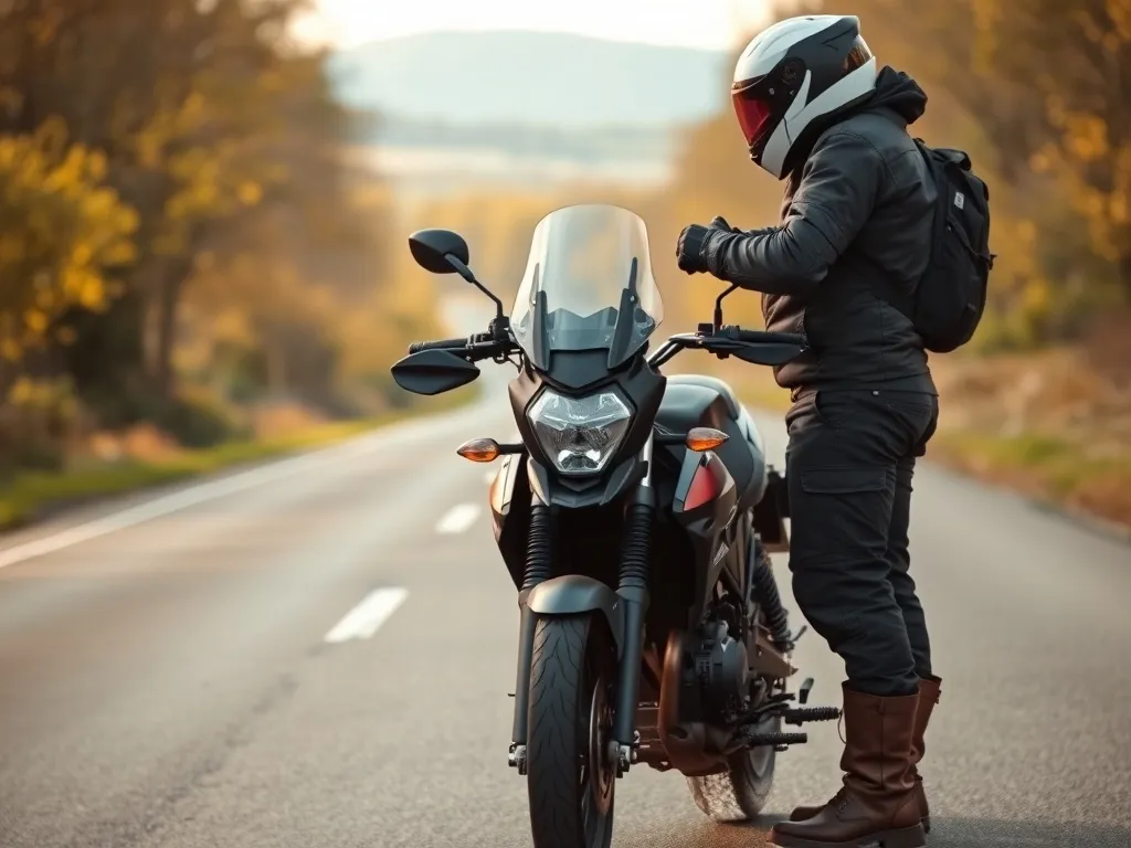 Motocyklista i pasażer w pełnym stroju ochronnym przy zaparkowanym motorze na wiejskiej drodze, pasażer zapina kask