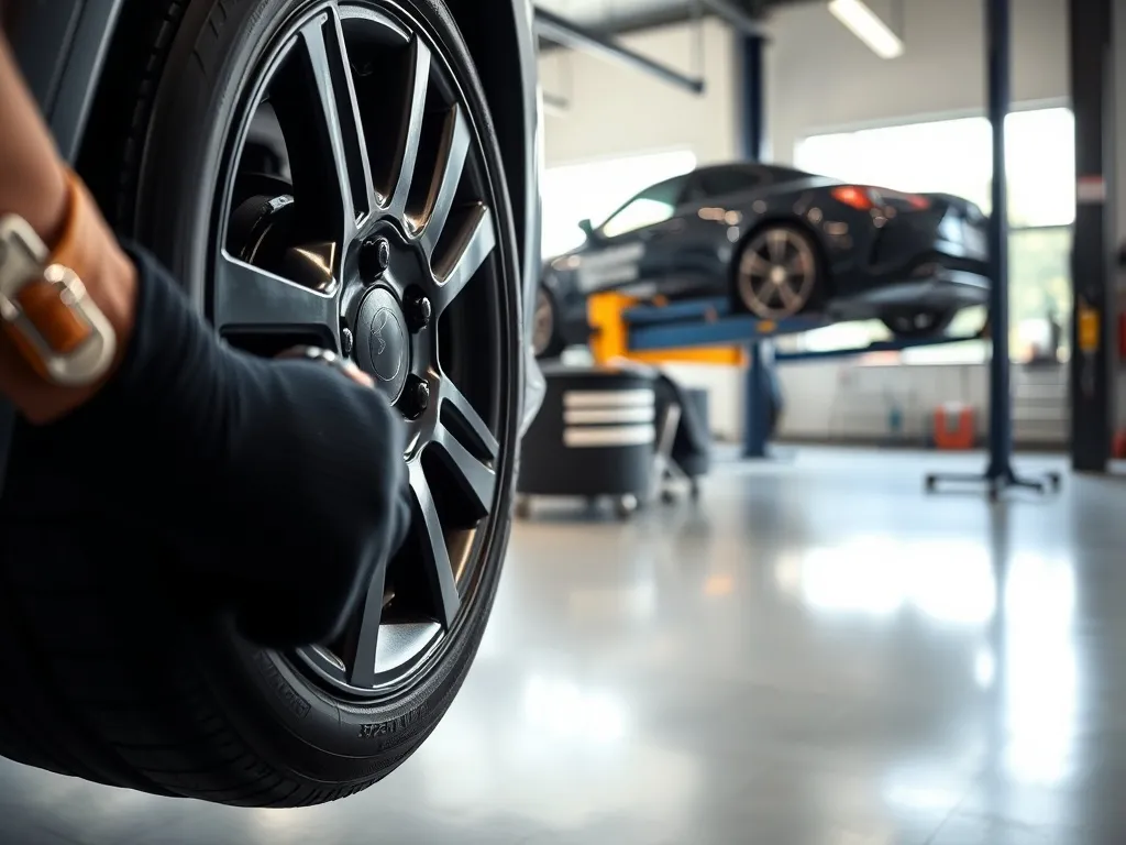 Mechanik w rękawicach odkręca śruby koła w nowoczesnym warsztacie, pokazując profesjonalną wymianę opon.