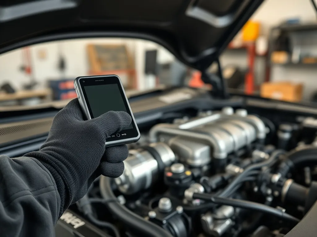 Mechanik z testerem diagnostycznym sprawdza nowoczesny silnik Diesla, przygotowując auto do tuningu.