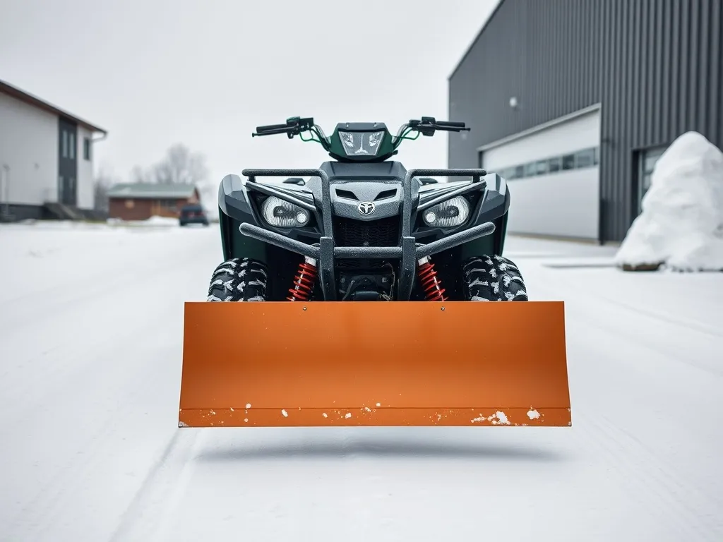 Quad z pługiem śnieżnym na podjeździe między domem a firmą, prezentujący sprzęt do odśnieżania posesji i biznesu