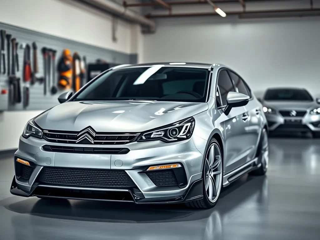 Citroen C5 w srebrnym kolorze prezentuje sportowy body kit w nowoczesnym garażu, podkreślając zderzak, progi i felgi