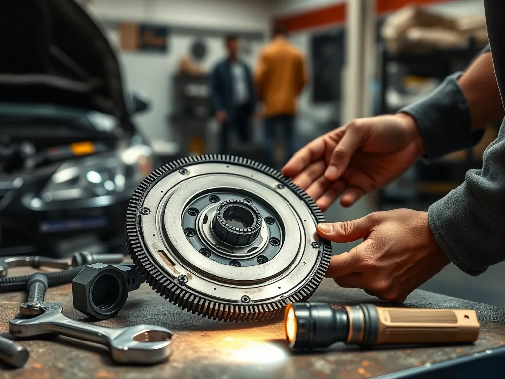 Mechanik sprawdza koło dwumasowe i sprzęgło na stole warsztatowym, w tle otwarta maska auta w uporządkowanym garażu.