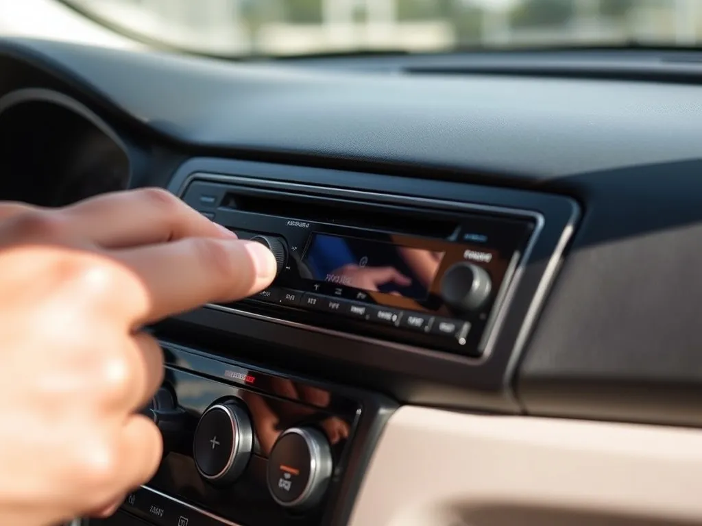 Dłoń podłącza kabel zmieniarki CD do gniazda z tyłu samochodowego radia w nowoczesnym, jasnym wnętrzu auta.