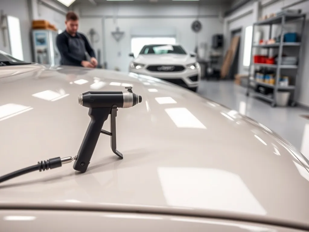 Świeżo polakierowany przód auta w lakierni, błyszczący lakier i pistolet natryskowy obok, w tle mechanik przy drugim samochodzie.