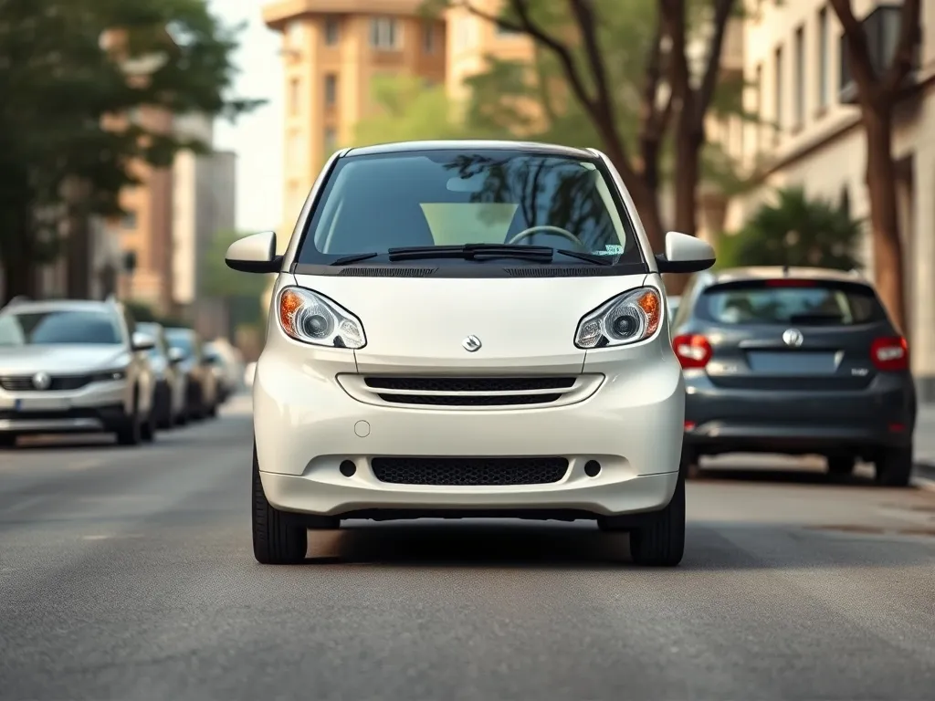Mały miejski samochód zaparkowany przy ulicy, podkreślający kompaktowe wymiary i łatwość parkowania w mieście.
