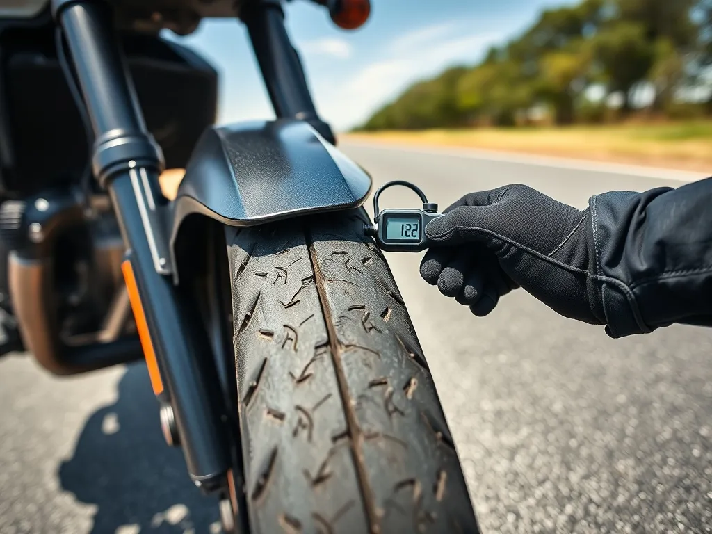 Motocyklista mierzy ciśnienie w przedniej oponie manometrem na spokojnej drodze, z wyraźnym bieżnikiem opony