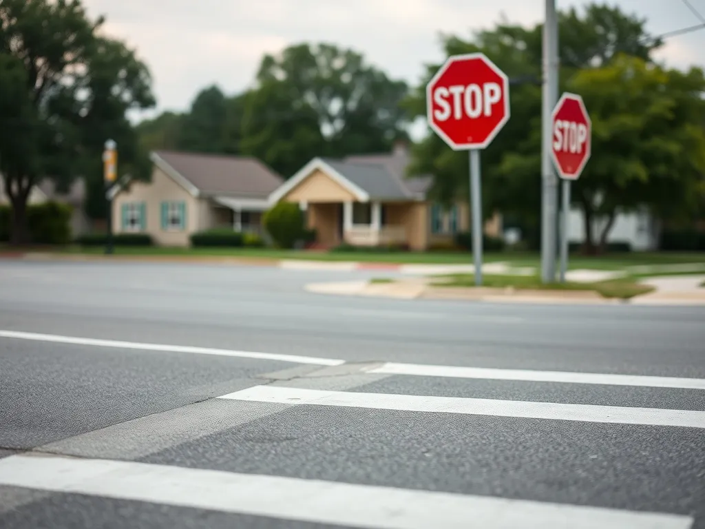 Czerwony znak stopu przy pustym, osiedlowym skrzyżowaniu z wyraźną linią zatrzymania i przejściem dla pieszych.