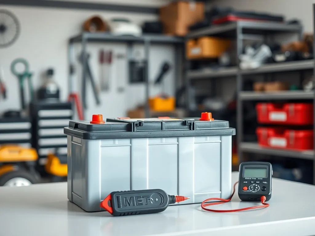 Nowoczesny akumulator samochodowy na stole warsztatowym z miernikiem obok, przygotowany do sprawdzenia pojemności Ah.