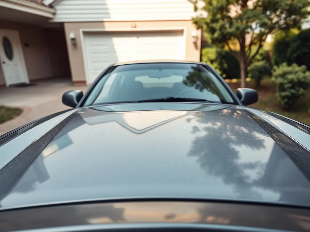 Zaparkowany samochód na podjeździe przy garażu, lekko zakurzony, sugerujący dłuższe stanie bez uruchamiania.