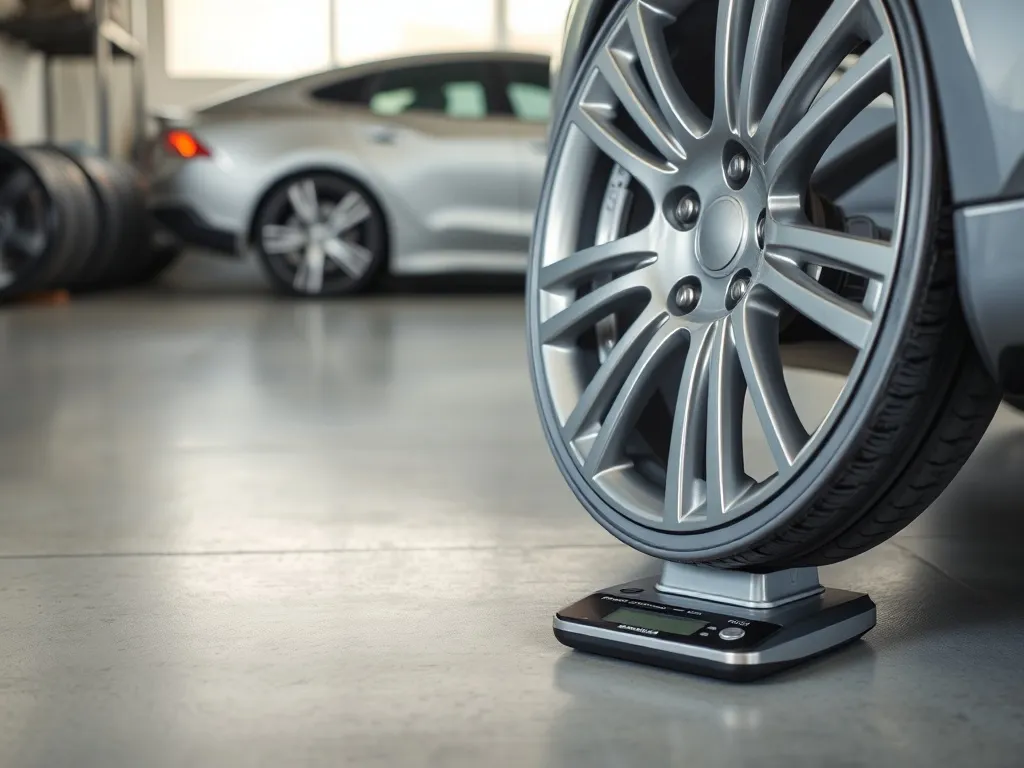 Srebrna felga aluminiowa 16 cali na wadze cyfrowej w garażu, ilustrująca jej orientacyjną masę i wymiary.