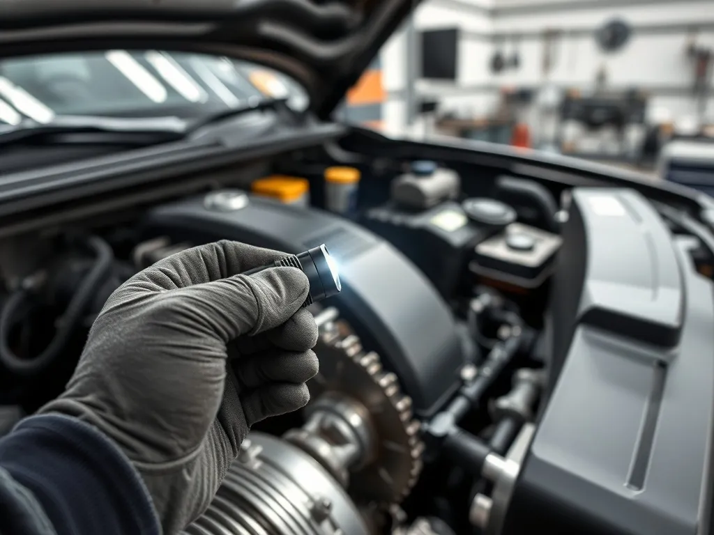 Mechanik z latarką sprawdza łańcuch rozrządu w silniku auta w profesjonalnym, czystym warsztacie