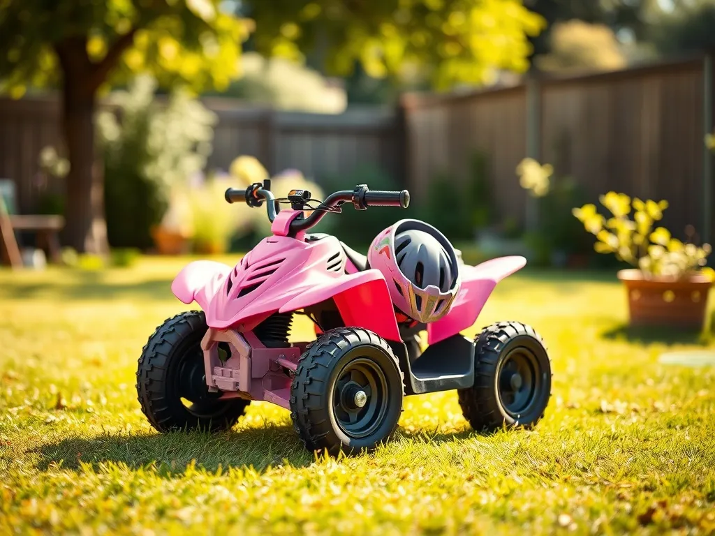 Różowy quad elektryczny dla dziewczynki na trawie z kaskiem na kierownicy, w słonecznym, bezpiecznym ogrodzie.