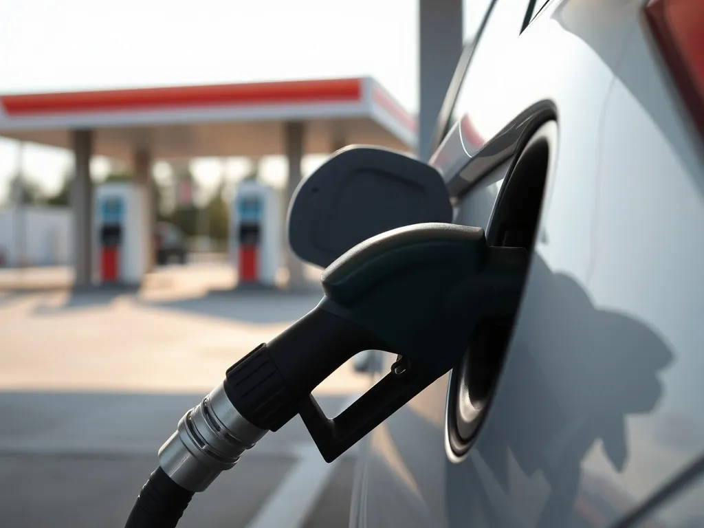 Samochód przy dystrybutorze z wpiętą pistoletem paliwowym, spokojna scena tankowania na stacji benzynowej