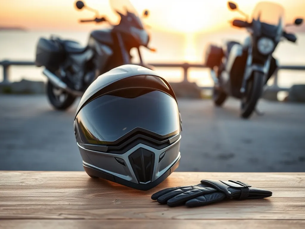Nowoczesny kask turystyczny z rękawiczkami na tle motocykla nad morzem o zachodzie słońca, podkreślenie wyboru kasku.