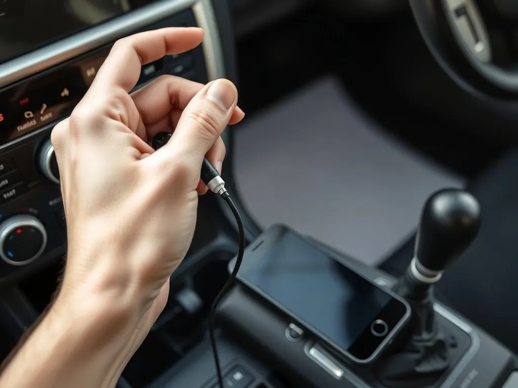 Ręka podłącza kabel AUX do radia samochodowego, smartfon leży obok, pokazując sposób podłączenia telefonu do radia.