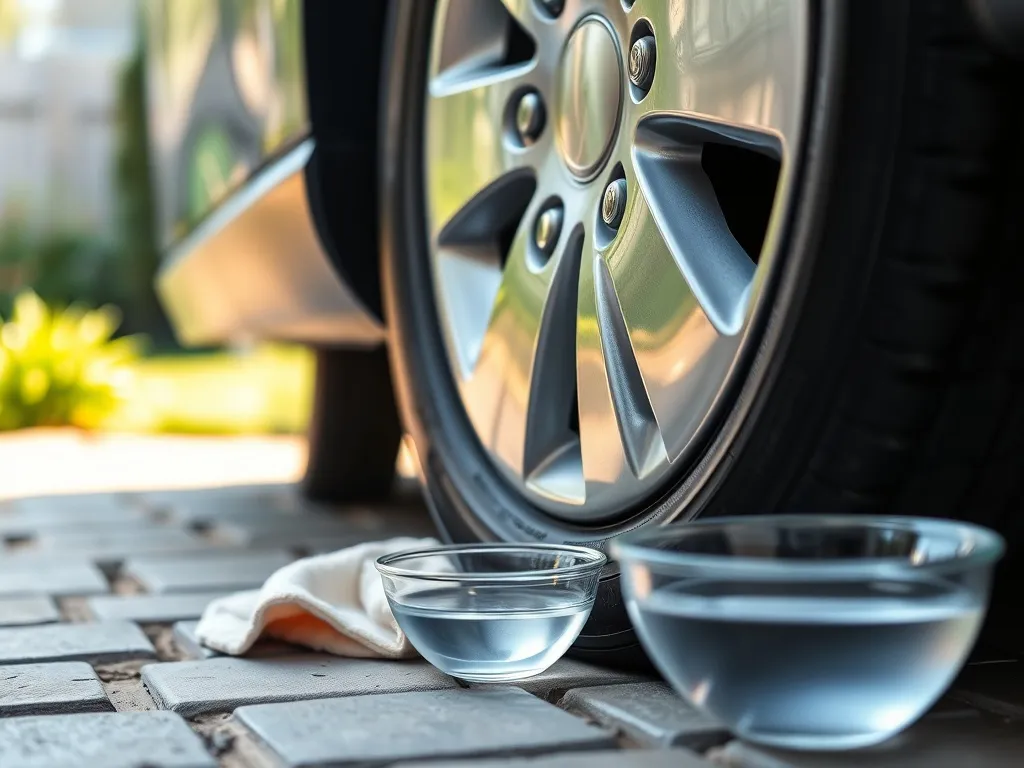 Błyszcząca opona po domowym nabłyszczaniu, obok ściereczka i miseczka z naturalnym roztworem do pielęgnacji.