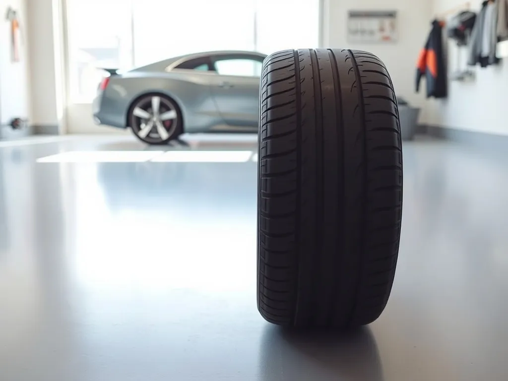 Opona samochodowa ustawiona pionowo w garażu, z wyraźnie widocznymi oznaczeniami rozmiaru na boku