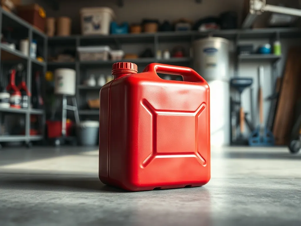Czerwony metalowy kanister na benzynę stoi na czystej podłodze w uporządkowanym garażu, podkreślając bezpieczne przechowywanie paliwa.