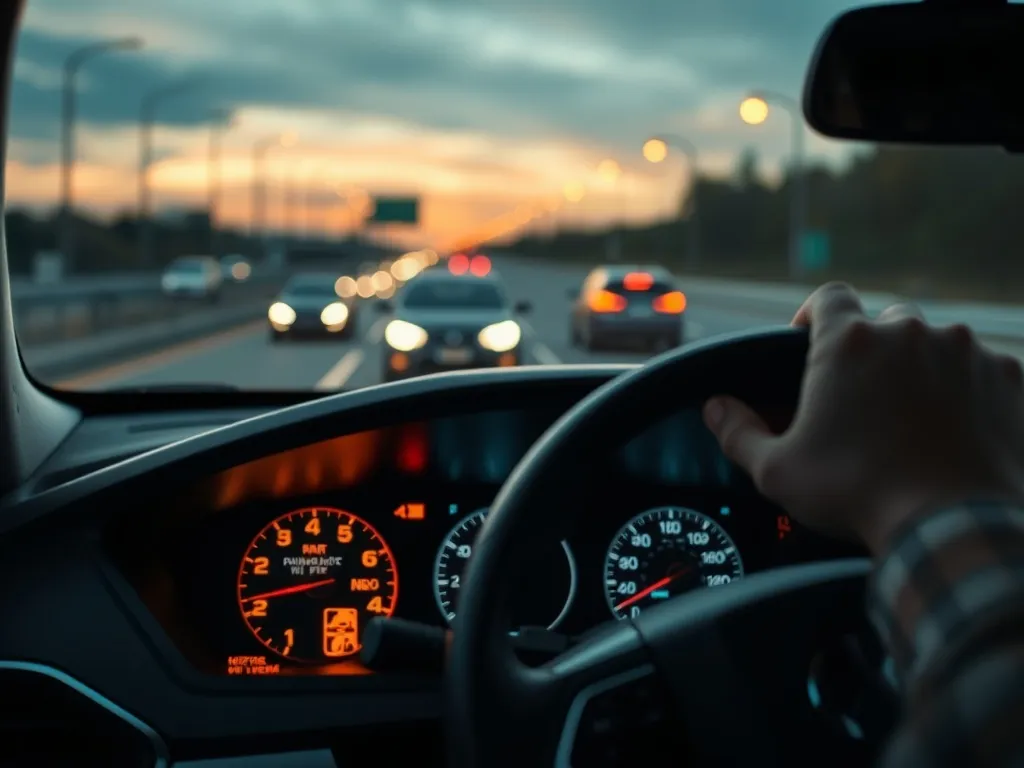 Zbliżenie deski rozdzielczej auta z kontrolkami silnika i filtra DPF, w tle kierowca i wieczorna trasa szybkiego ruchu.