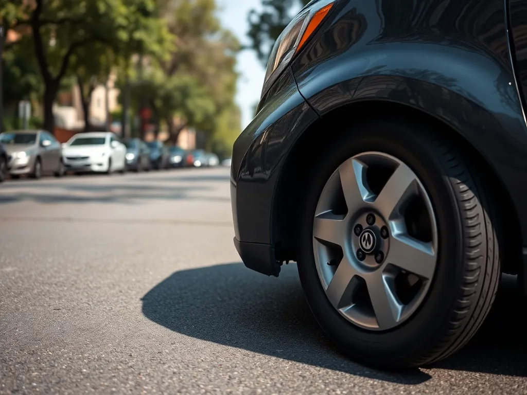 Zbliżenie na przednie koło miejskiego auta, wyraźny bieżnik opony na tle ulicy – ilustracja doboru opon do Clio