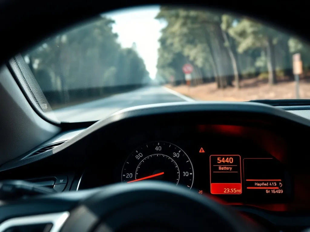 Kontrolka akumulatora świeci się na desce rozdzielczej jadącego auta, sugerując możliwą awarię alternatora.