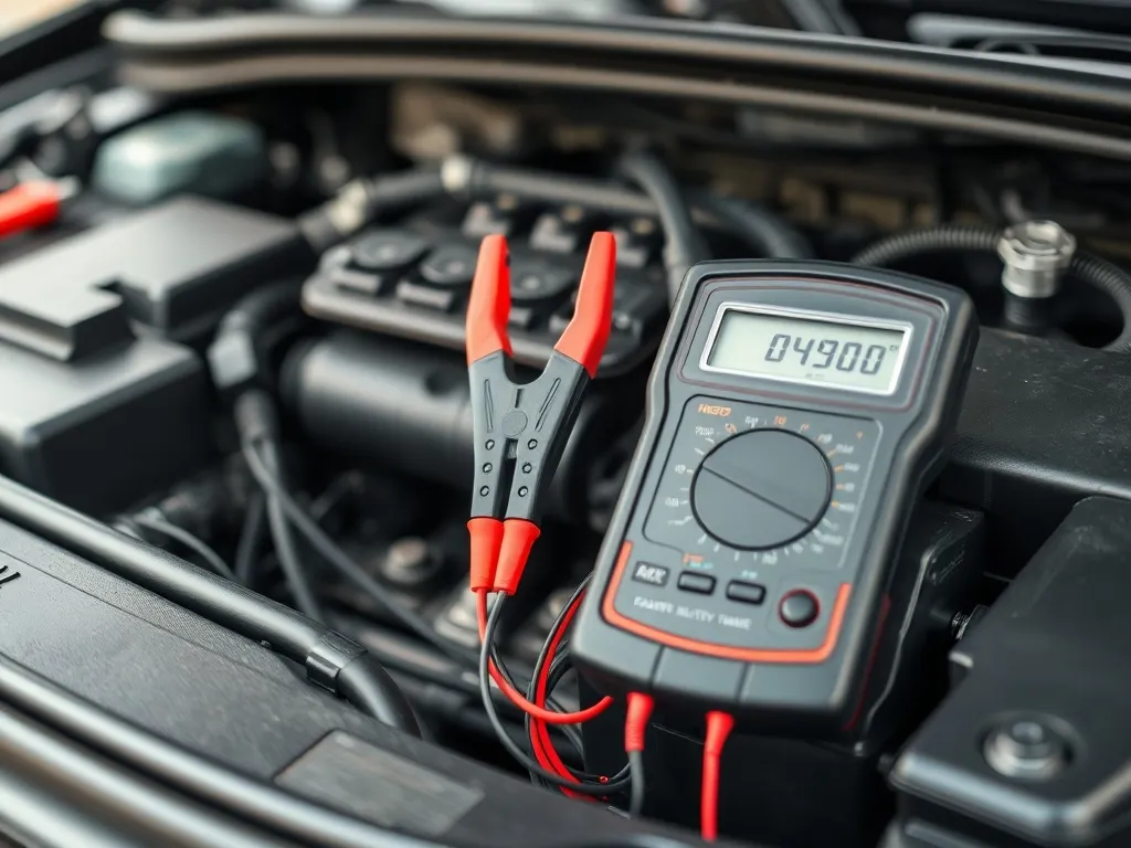 Cyfrowy miernik i krokodylki podłączone do akumulatora samochodu, ilustrujące pomiar prądu rozruchowego pod maską.