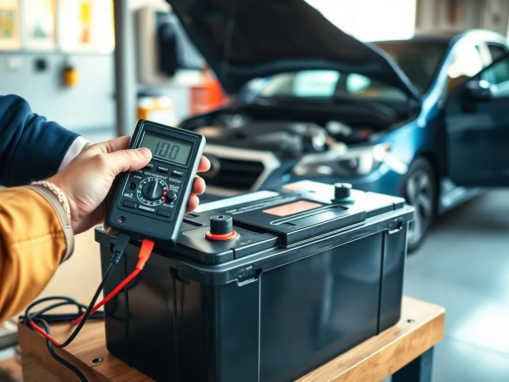 Mechanik mierzy napięcie akumulatora multimetrem w jasnym garażu, w tle auto z otwartą maską.