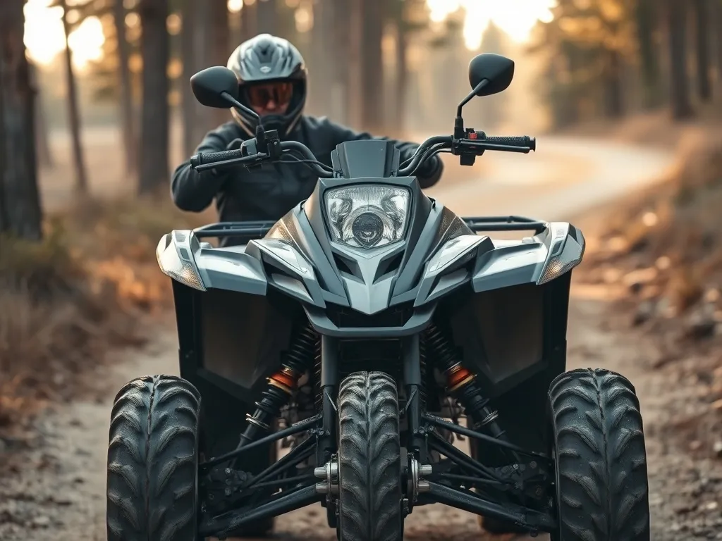 Quad i stojący obok kierowca w kasku i odzieży ochronnej, pokazujący bezpieczny strój do jazdy w terenie po leśnej ścieżce.
