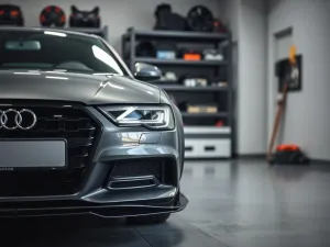 Kierownica Audi A3 8P na stole obok miarki i przycisków, pokazująca wymiary i elementy do ewentualnej zamiany.