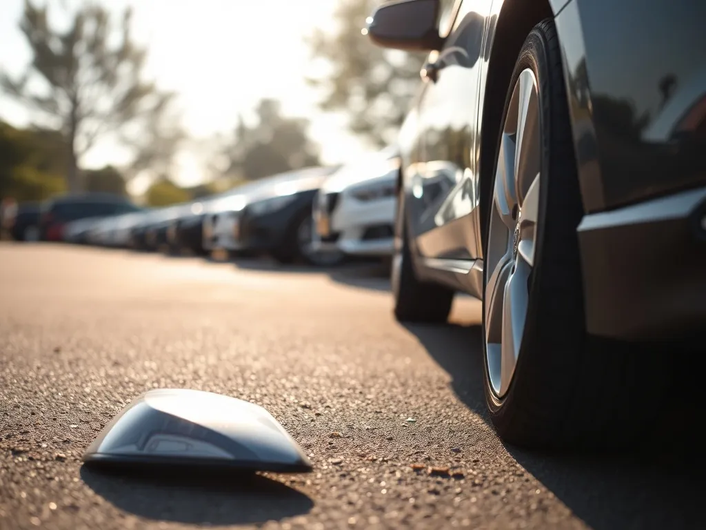 Zarysowane drzwi auta na parkingu i urwana osłona lusterka na asfalcie, sugestia ucieczki sprawcy szkody