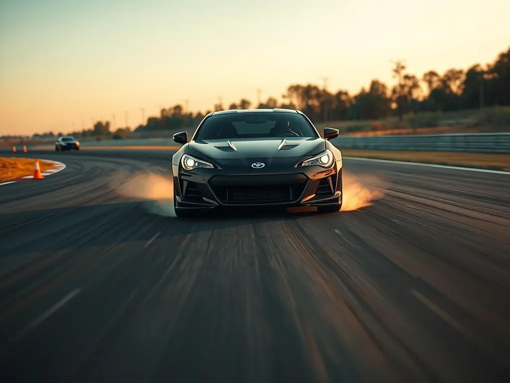 Auto z napędem na przód w kontrolowanym poślizgu na pustym torze, z dymem z opon, ilustrujące techniki driftu.