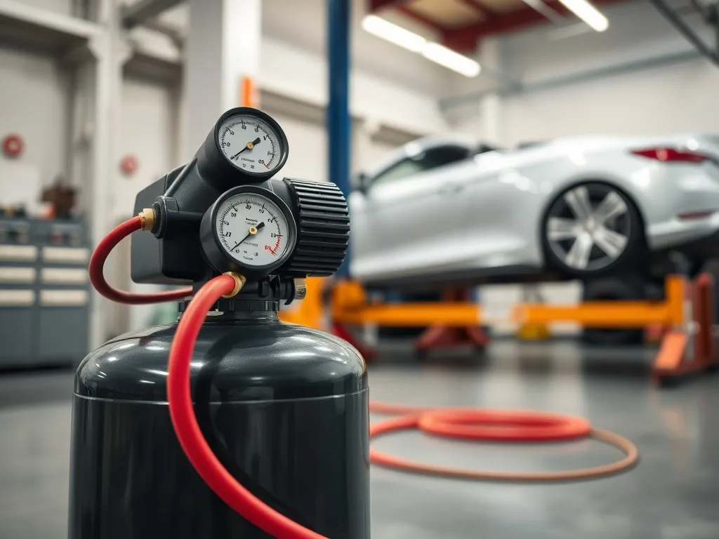 Sprężarka powietrza z manometrem w nowoczesnym warsztacie wulkanizacyjnym, na tle auta uniesionego na podnośniku.