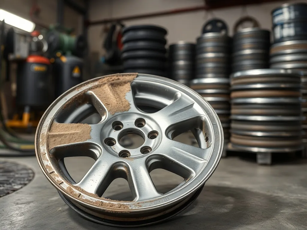 Felga aluminiowa w połowie zardzewiała, w połowie oczyszczona po piaskowaniu, na tle warsztatu z kompresorem i narzędziami.