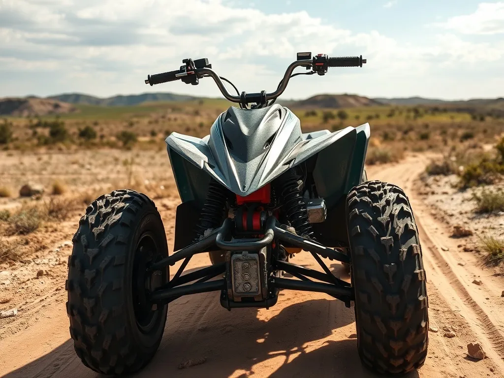 Quad terenowy bez homologacji stojący na piaszczystej ścieżce, w tle otwarta przestrzeń do jazdy w terenie