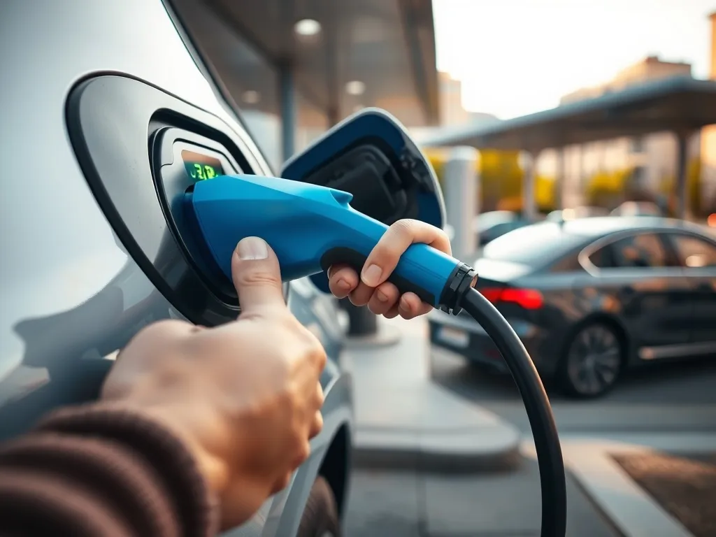 Ręka podłącza niebieski kabel do gniazda auta elektrycznego przy publicznej ładowarce, symbol oszczędnego ładowania.