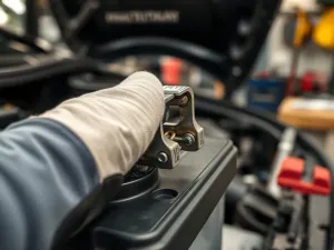 Mechanik wykonujący chip tuning – laptop podłączony kablem diagnostycznym do auta w warsztacie z otwartą maską