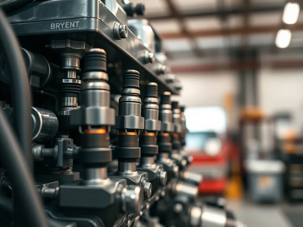 Zbliżenie nowoczesnego silnika Diesla z widocznymi wtryskiwaczami i listwą paliwową w warsztacie samochodowym