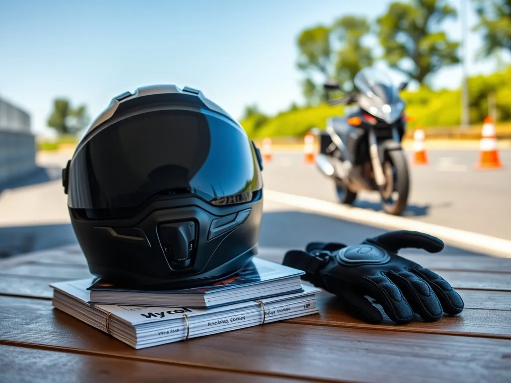 Kask motocyklowy na książkach szkoły jazdy i rękawicach, w tle motocykl przy torze treningowym z pachołkami