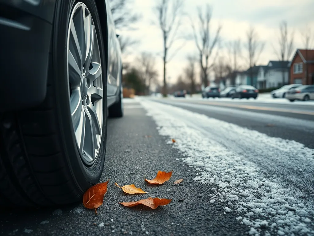 Zbliżenie koła auta z oponą zimową na lekko ośnieżonej jezdni z jesiennymi liśćmi, symbol zmiany sezonu opon.
