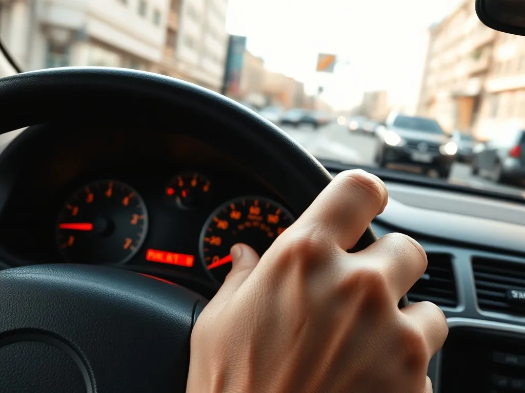 Zbliżenie deski rozdzielczej auta z kontrolką ostrzegawczą i obrotomierzem, dłoń kierowcy na kierownicy w ruchu miejskim